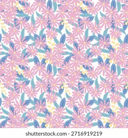 Seamless floral pattern featuring flowers with leaves in a soft pastel color palette. perfect for fabric design, wallpaper, wrapping paper, textile prints, backgrounds, and spring themed projects.