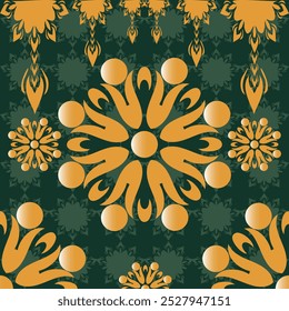 Seamless floral pattern featuring golden flowers on a vibrant green background, ideal for wallpaper and seasonal decorations.
