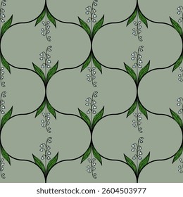 A seamless floral pattern featuring green leaves and delicate blue flowers on a muted green background. The design is symmetrical and elegant, suitable for textiles or wallpapers.