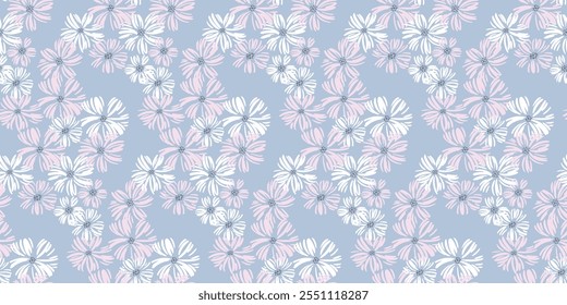 Patrón floral sin fisuras con margaritas dibujadas a mano Flores sobre fondo azul pastel. Estampado botánico estilizado liso. Adornos de Naturaleza para diseños femeninos, delicados y románticos