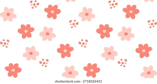 Seamless floral pattern featuring hand drawn pink and coral daisy flowers with decorative dots on a white background.