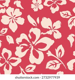 Seamless floral pattern featuring hand drawn botanical flowers and leaves in a retro vintage style on a red background. Repeating decorative design suitable for wallpaper, textile, fabric, packaging, stationery, fashion prints, home decor, and surface design projects.