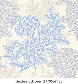 Seamless floral pattern featuring hand drawn blue hydrangea flowers in a vintage engraving style. Fine line details and soft tones create a natural, handcrafted look, ideal for textile, wallpaper and print design.
