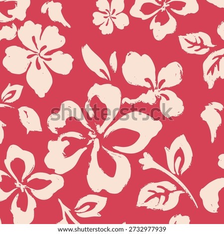 Seamless floral pattern featuring hand drawn botanical flowers and leaves in a retro vintage style on a red background. Repeating decorative design suitable for wallpaper, textile, fabric, packaging, stationery, fashion prints, home decor, and surface design projects.