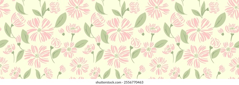 Seamless floral pattern featuring hand-drawn pink flowers with  leaves on a light cream background. Plain print design for textiles, wallpapers, and packaging with delicate, spring-inspired aesthetic