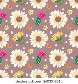 A seamless floral pattern featuring hand-drawn sunflowers, blooming cactus with pink flowers, and wildflowers on a brown background. Perfect for textile design, wallpaper, fabric prints 