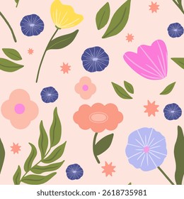 A seamless floral pattern featuring hand-drawn flowers and leaves in soft pastel colors. The background is a light cream tone, and the flowers come in shades of pink, peach, yellow, blue, and purple.