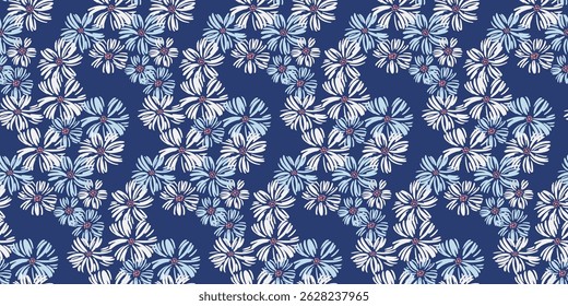 Seamless floral pattern featuring hand-drawn daisies flowers on a blue background. Plain stylized botanical print. Nature ornaments for feminine, delicate, romantic designs