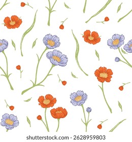 Padrão floral sem costura com flores laranja desenhadas à mão e roxo pálido com folhas verdes em um fundo branco. Perfeito para tecido, papéis de parede e desenhos com tema de mola.