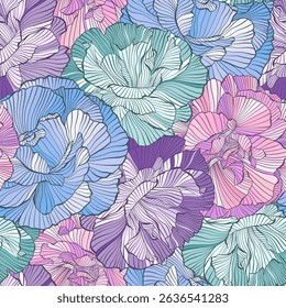 Seamless Floral Pattern Featuring Hand-Drawn Peonies In Soft Pastel Shades Of Blue, Purple, And Pink With Intricate Line Details