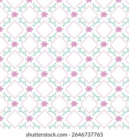 A seamless floral pattern featuring hand-drawn pink lilies and swirling green vines arranged in a soft diamond lattice design. Set against a clean white background