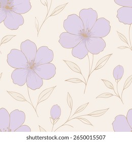 Padrão floral sem emenda com flores de lavanda desenhadas à mão e folhas beges em um fundo neutro macio. Ideal para tecido, embalagem, papel de parede e design de papelaria elegante.

