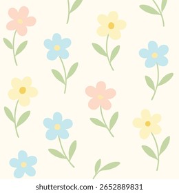 Padrão floral sem costura com flores pastel desenhadas à mão em rosa, amarelo e azul com folhas verdes macias em um fundo de creme claro.