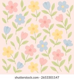 Seamless floral pattern featuring hand-drawn flowers in pastel pink, yellow, and blue with light green leaves on a soft pink background.