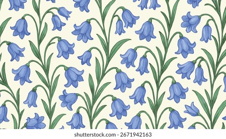 Patrón floral sin fisuras con flores de campanilla dibujadas a mano con hojas verdes sobre un fondo claro. Ideal para la tela, el Fondo de pantalla, el embalaje, la papelería, y los diseños decorativos elegantes.