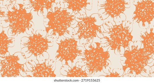 seamless floral pattern featuring hand-drawn organic flowers in orange on a beige background. sketch-style, decorative aesthetic, suitable for fabric, textile, fashion, wallpaper, and home decoration.