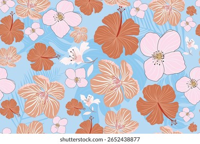Patrón floral sin fisuras con Elementos de hibisco y flor de cerezo en tonos naranjas terrosos, rosa rubor y blancos sobre un refrescante fondo azul celeste. Perfecto para el diseño de la tela, embalaje