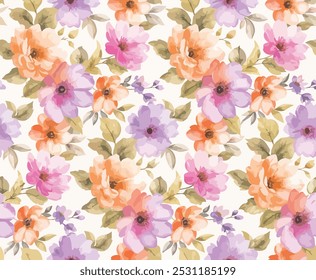 A seamless floral pattern featuring large watercolor flowers in shades of orange, pink, and purple, with soft green leaves, on a light background. Perfect for textile design, wallpapers, and gift wrap