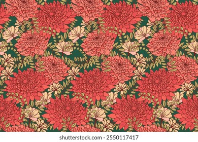 Seamless floral pattern featuring large blooming flowers in red and beige tones with lush green leaves on a dark background. Perfect for fabric, wallpapers, packaging, and elegant home decor.