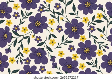 Seamless floral pattern featuring large purple flowers, small yellow blossoms, and green leaves on a cream background. Perfect for fabric, wallpaper, or design.