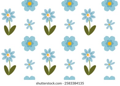 Seamless floral pattern featuring light blue flowers with green leaves on a white background. The design has a clean and minimal aesthetic, perfect for textiles, wallpapers, and digital backgrounds.