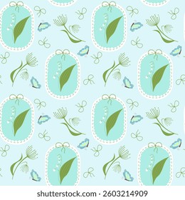 Seamless floral Pattern featuring lily of the valley flowers, butterflies, and delicate botanical elements on a soft blue background. Perfect for fabric, wallpaper, gift wrap, and vintage-style design