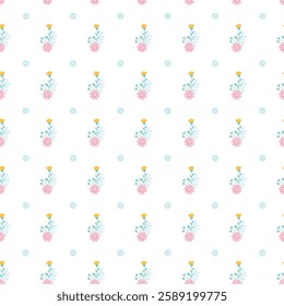 A seamless floral pattern featuring minimalist yellow and pink flowers with blue accents arranged on a white background.