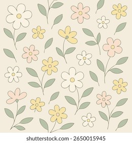 Um padrão floral sem costura com flores pastel minimalista em tons de rosa, amarelo e esbranquiçado com folhas verdes sábias em um fundo bege macio. Ideal para impressões de tecido.