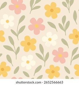 Um padrão floral sem costura com flores pastel minimalista em rosa macio, amarelo e esbranquiçado, acentuado por folhas verdes sábias em um fundo bege quente.