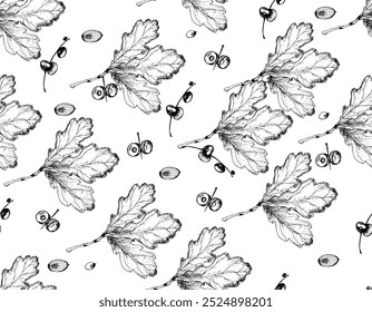Seamless floral pattern featuring oak leaves and acorns. It can be used to create wallpaper, fabrics, packaging.