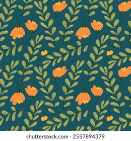 Seamless floral pattern featuring orange flowers, green leaves, and delicate stems on a dark background. Perfect for textiles, wallpaper, gift wrap, stationery, and modern decor projects