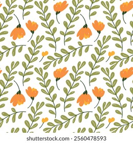 Seamless floral pattern featuring orange flowers, green leaves, and delicate stems on a white background. Perfect for textiles, wallpaper, gift wrap, stationery, and modern decor projects