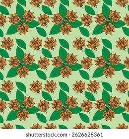 A seamless floral pattern featuring orange flowers with green leaves on a light green background. The design has a vibrant and natural look, ideal for fabric, wallpaper, or packaging