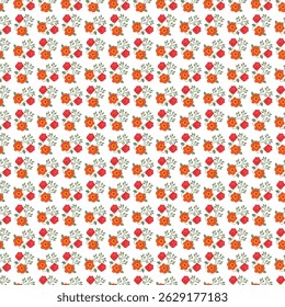Seamless floral pattern featuring orange and red flowers with green leaves on a white background. Perfect for textiles, wrapping paper, or digital backgrounds,	