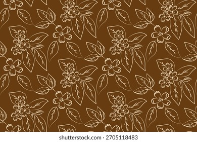 Seamless floral pattern featuring outlined flowers and leaves on a rich brown background. This vector illustration is perfect for textile design, wallpapers, and digital projects.