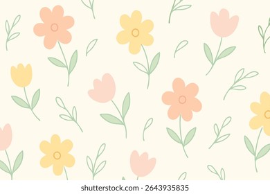A seamless floral pattern featuring pastel flowers in a clean, digital illustration style. Perfect for fabric, wallpaper, and stationery.