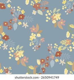 A seamless floral pattern featuring pastel blooms and leaves on a blue background, perfect for print, fabric, wrapping and paper