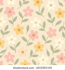 A seamless floral pattern featuring pastel five-petal flowers in pink, yellow, and off-white with sage green leaves on a beige background. Soft, sweet, and girly in style.