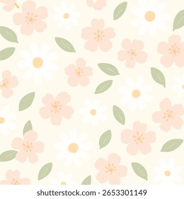 Padrão floral sem emenda com margaridas pastel e flores de cereja com folhas verdes macias em um fundo de creme. Ideal para tecido, produtos infantis, papel de embrulho e artigos de papelaria com tema feminino.