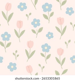 Seamless floral pattern featuring pastel pink tulips and soft blue camellias with light green leaves on a gentle pink background Perfect for fabric kids' products, stationer and cheerful packaging.