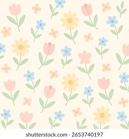 Seamless floral pattern featuring pastel tulips, daisies, and small blue and peach flowers with soft green leaves on a cream background.