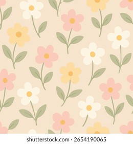 Um padrão floral sem costura com pastel rosa, amarelo e flores esbranquiçadas com folhas verdes sábias em um fundo bege macio. Estilo bonito e minimalista.