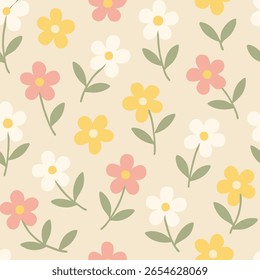 Um padrão floral sem costura com pastel rosa, amarelo e flores esbranquiçadas com folhas verdes sábias em um fundo bege macio. Design bonito, doce e minimalista.