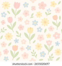 Padrão floral contínuo com tulipas pastel, margaridas, flores de cereja e flores azuis com folhas verdes macias em um fundo de creme claro.