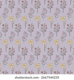 Seamless floral pattern featuring pastel pink blossoms and yellow lilies on a beige background. Perfect for textiles, wallpapers, fashion prints, and elegant decorative surface designs.