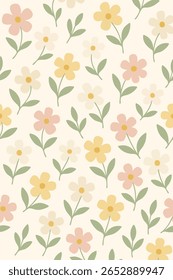 Um padrão floral sem costura com flores de cinco pétalas de cor pastel em rosa, amarelo e esbranquiçado, emparelhado com folhas verdes sábias macias em um fundo bege.