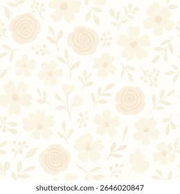 Padrão floral sem emenda com rosas de pêssego, flores creme e delicadas folhas beges em um fundo macio e esbranquiçado. Ideal para têxteis e papelaria.