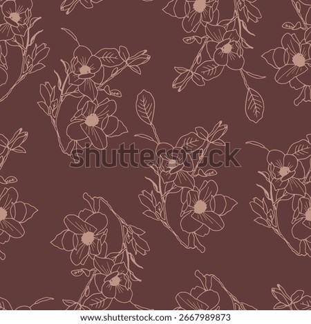 Seamless floral pattern featuring peach line art blossoms on a rich maroon background. Modern botanical design ideal for autumn winter collections, women’s fashion, luxury nightwear, dresses, scarves,