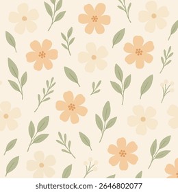 Padrão floral sem emenda com flores cor de pêssego e folhas em tom de azeitona em um fundo creme macio. Estética e minimalista — ideal para tecido, papelaria e fundos
