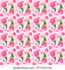 Un patrón floral sin fisuras con tulipanes rosas con subgrupos y hojas verdes, dispuestos en un diseño de cuadrícula sobre un fondo rosa claro. Las Formas ovaladas decorativas y los capullos florales aportan un toque caprichoso, haciendo de este diseño un producto ideal para románticos y femeninos.